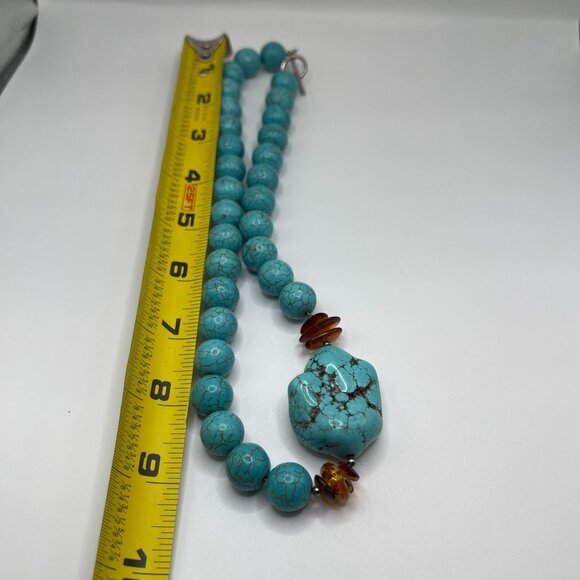 Turquoise Beaded Necklace Amber Accents & Toggle Clasp - Picture 5 of 5